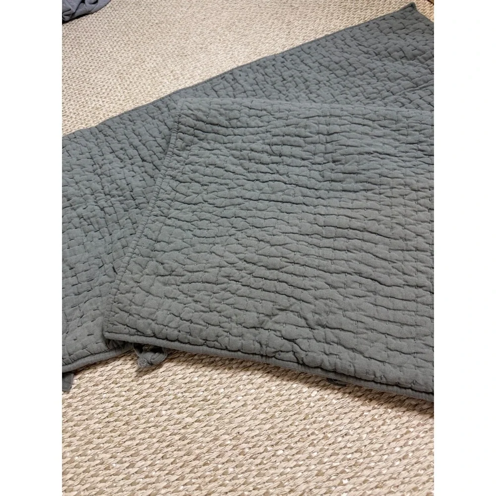 Pottery Barn King Pillow Sham Pair ‎ Gray Cotton Linen Pick Stitch Quilted